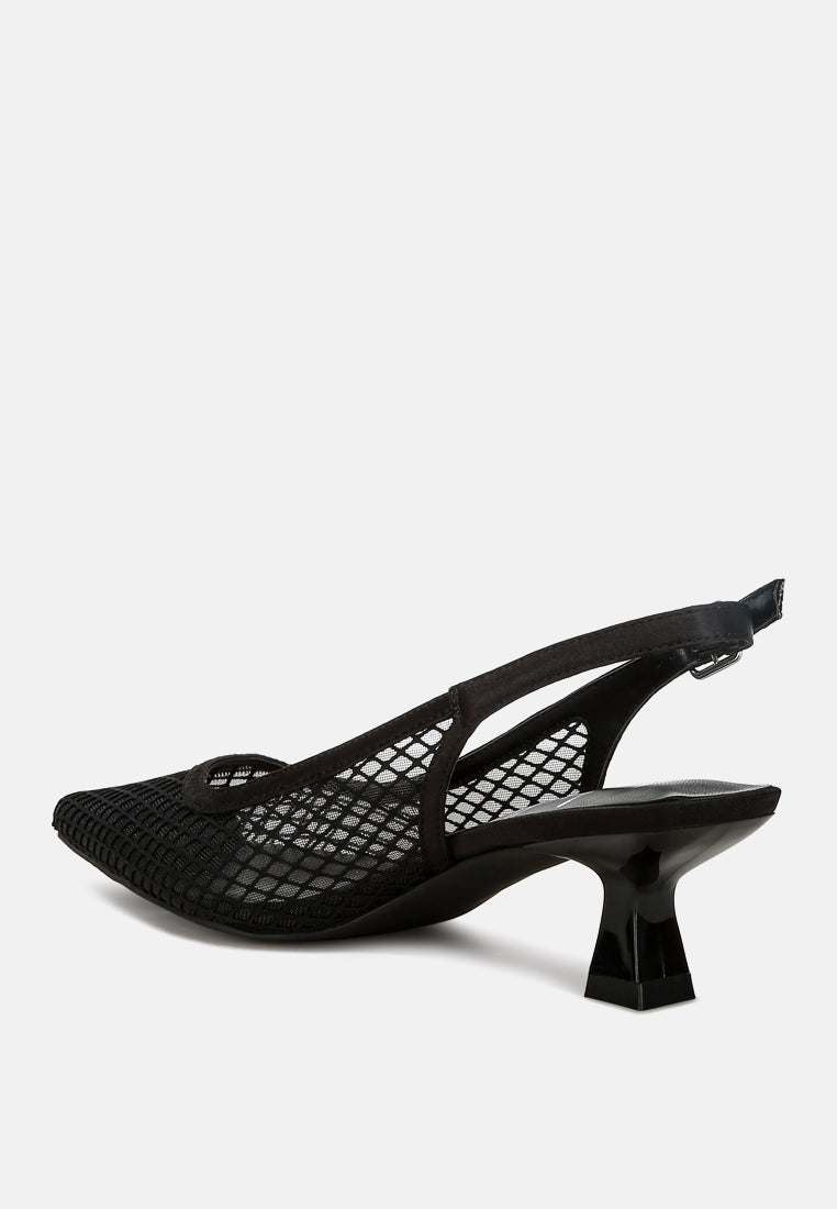 Stylish black mesh pointed toe mules with a unique heel design for women by London Rag International