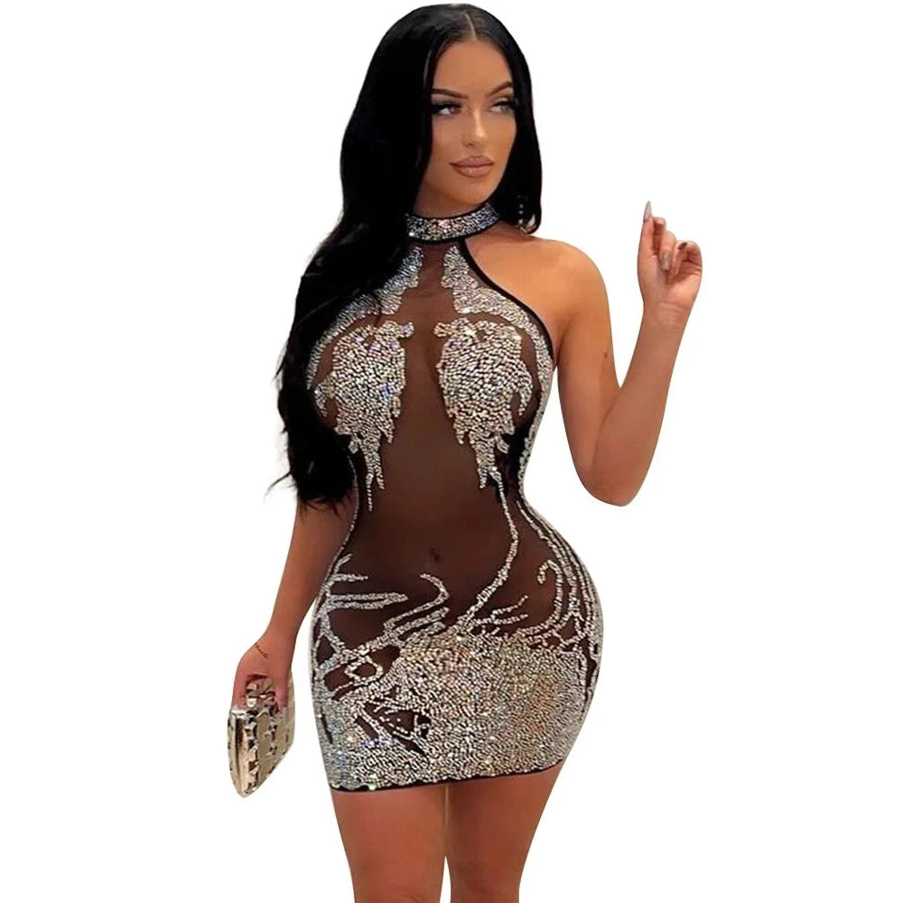 VacationGrabs mesh rhinestone mini dress with halter neckline and sparkling silver embellishments
