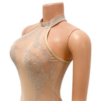 Beige mesh rhinestone mini dress with high neckline and sparkling rhinestone detailing