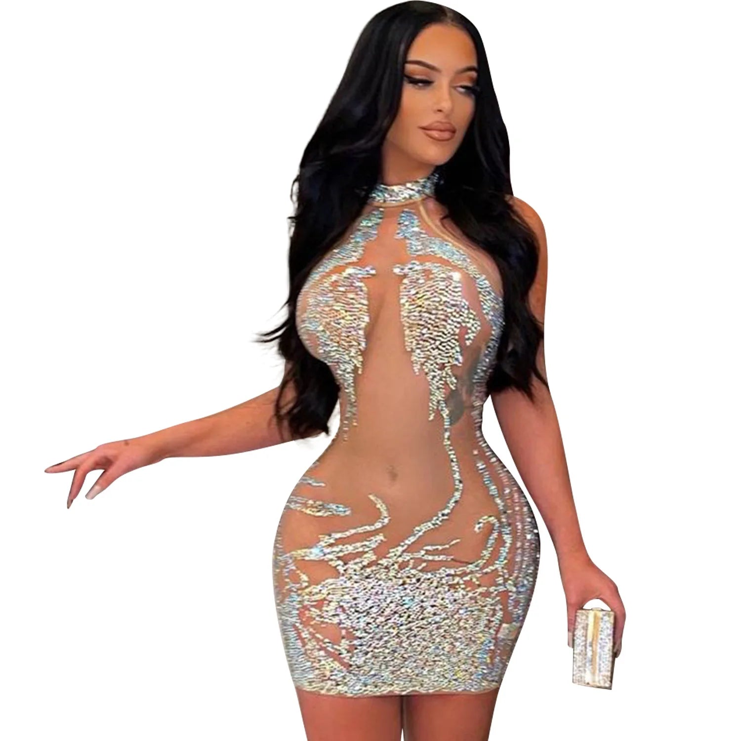 Woman wearing a mesh rhinestone mini dress with silver embellishments holding a matching clutch