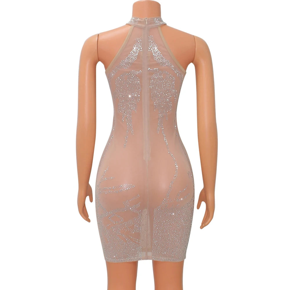 Back view of a mesh rhinestone mini dress with halter neckline and sparkling details on mannequin