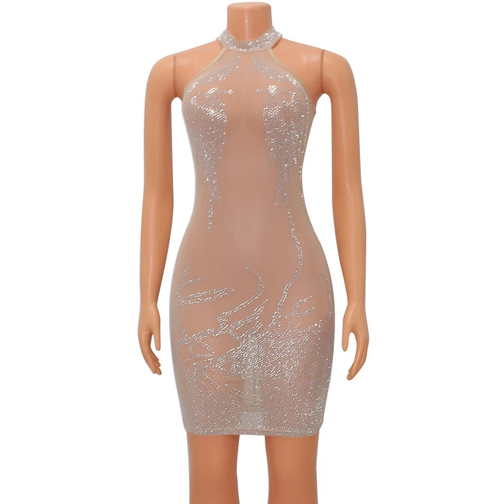 VacationGrabs mesh rhinestone mini dress with halter neckline and sparkling silver rhinestones on sheer fabric