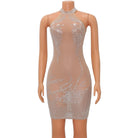 VacationGrabs mesh rhinestone mini dress with halter neckline and sparkling silver rhinestones on sheer fabric