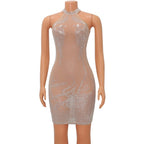 VacationGrabs mesh rhinestone mini dress with halter neckline and sparkling silver rhinestones on sheer fabric