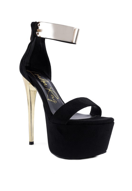 Women's black metal band high heeled sandals for evening wear