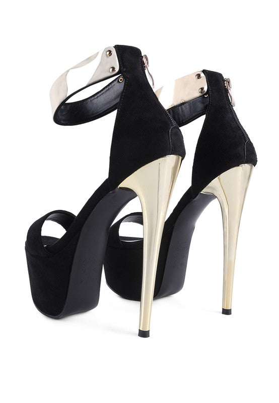Women's black metal band high heeled sandals for elegant occasions