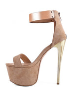 Women's metal band high heeled sandals in beige suede, perfect for stylish nights out