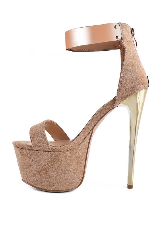Women's metal band high heeled sandals in beige suede, perfect for stylish nights out