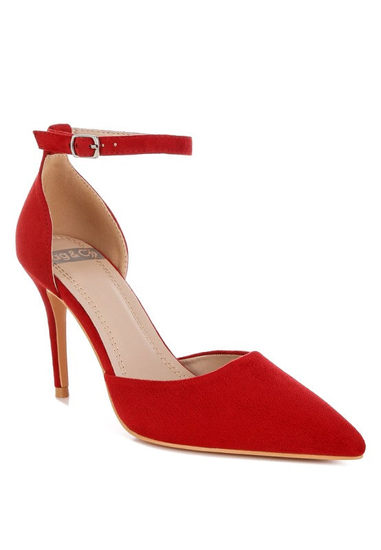 Red microfiber stiletto heel sandals, perfect for formal occasions