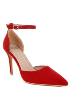 Red microfiber stiletto heel sandals, perfect for formal occasions