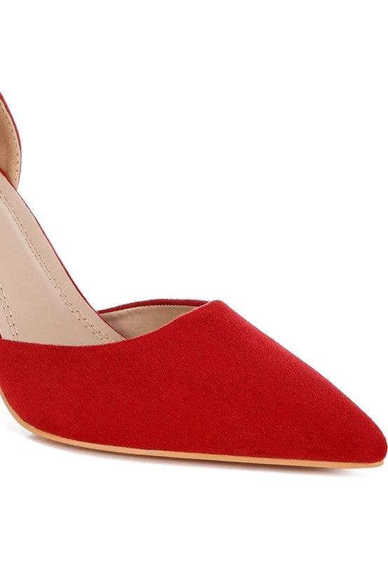 Red microfiber stiletto heel sandals for elegant occasions