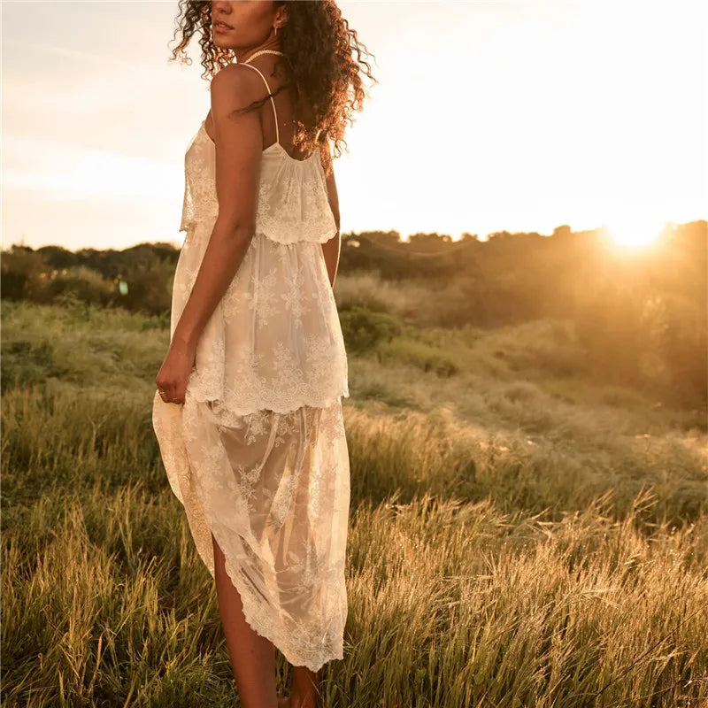 Women's sheer lace maxi dress, perfect for summer evenings