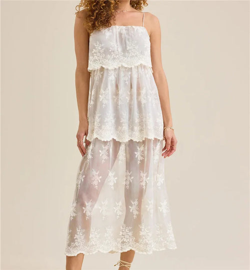 Women's white lace overlay maxi dress for beach or vacation wear