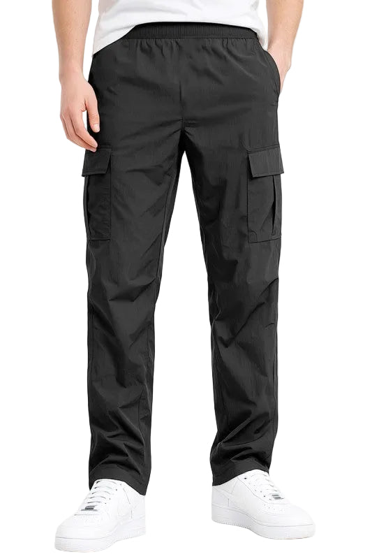 Black nylon cargo pants for men, perfect for casual wear