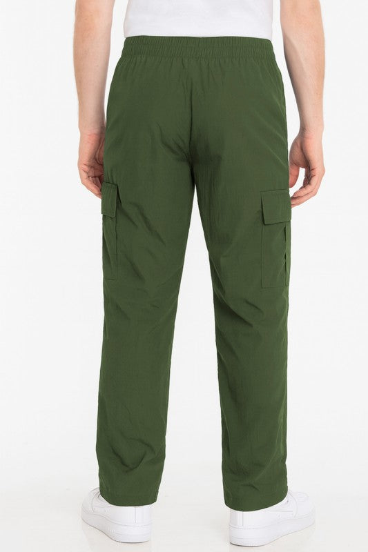 WEIV nylon cargo pants for men in olive green with pockets