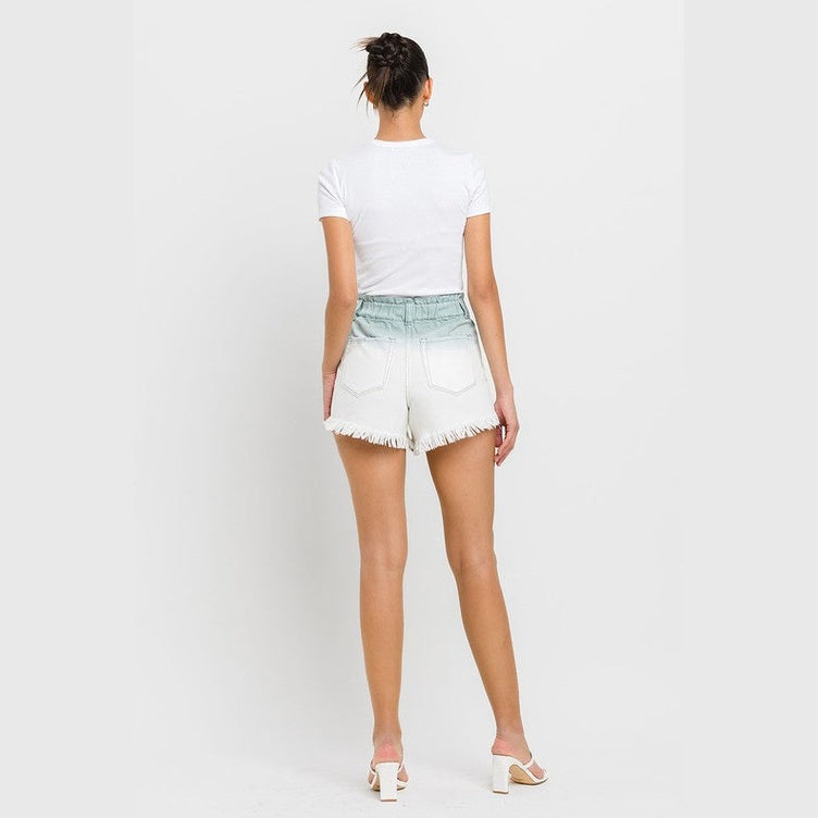 VERVET by Flying Monkey women's paperbag waist ombre shorts in white and green with frayed hem