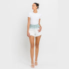 VERVET by Flying Monkey women's paperbag waist ombre shorts in white and light blue worn with a white t-shirt and sandals