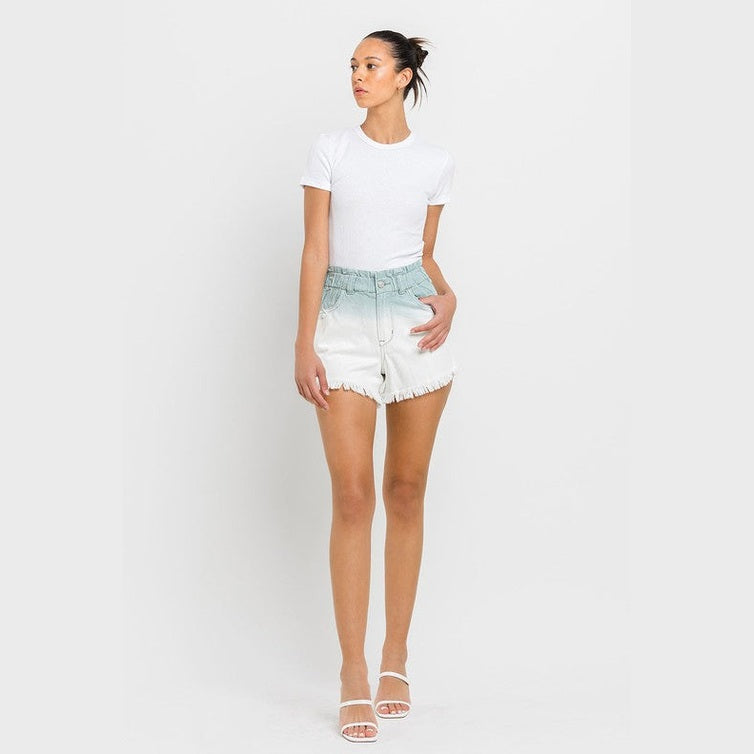 VERVET by Flying Monkey women's paperbag waist ombre shorts in white and light blue worn with a white t-shirt and sandals