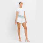 VERVET by Flying Monkey women's paperbag waist ombre shorts in light blue to white gradient with frayed hem