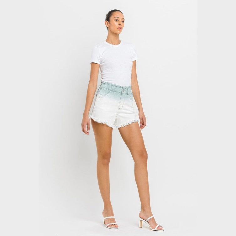 VERVET by Flying Monkey women's paperbag waist ombre shorts in light blue to white gradient with frayed hem