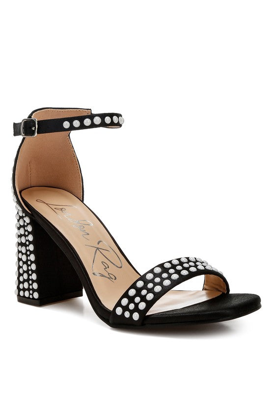 Women's black pearl embellished satin sandals, elegant heeled design