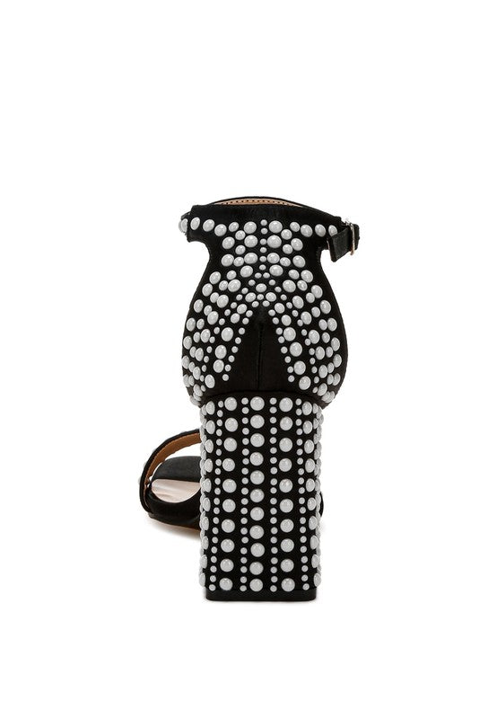 Women's pearl embellished satin sandals with a stylish block heel