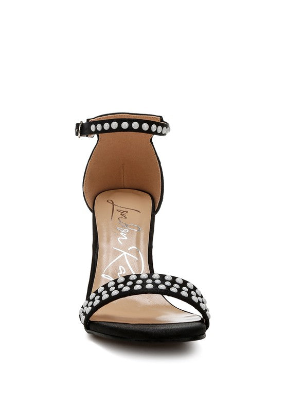 Women's pearl embellished satin sandals, black for special occasions