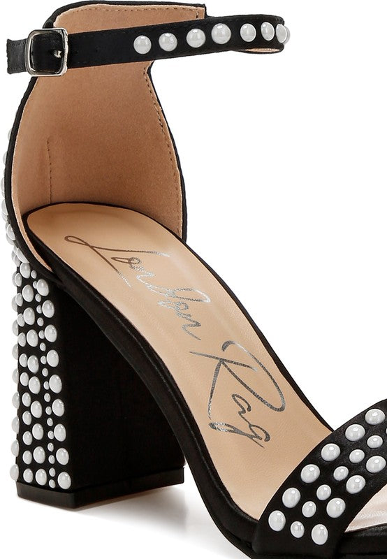 Black pearl embellished satin sandals for stylish women's outfits