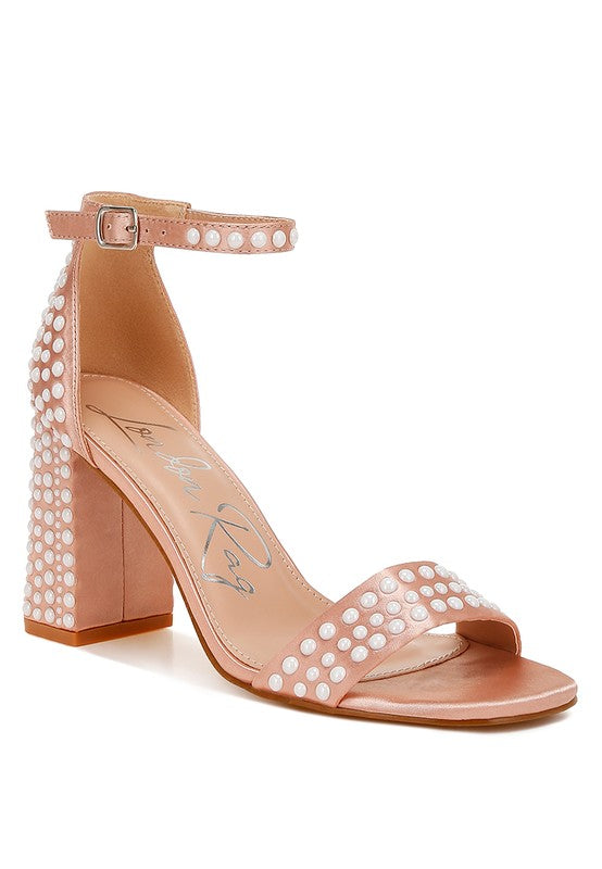 Women's pearl embellished satin sandals, blush color, evening wear
