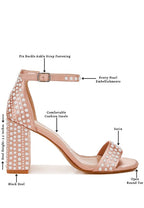 Women's pearl embellished satin sandals with block heel and ankle strap