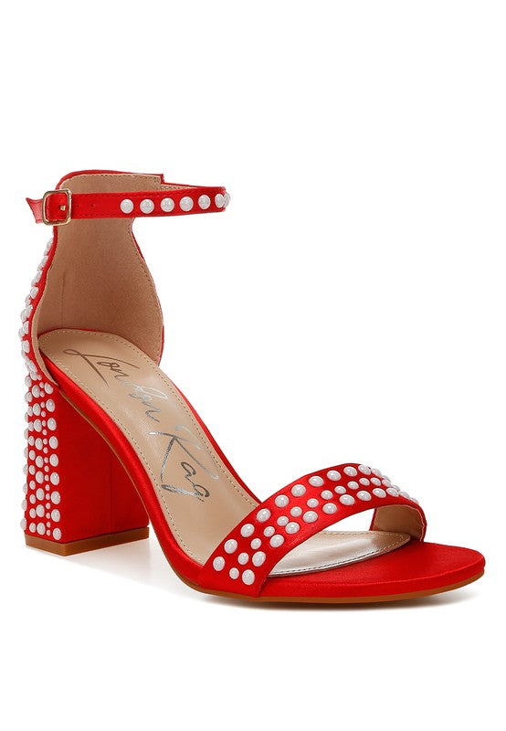 Women's red pearl embellished satin sandals for stylish occasions