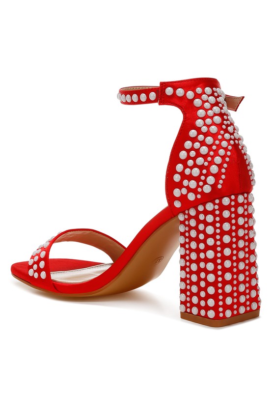 Red pearl embellished satin sandals for stylish women's evening wear
