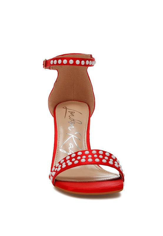 Women's red pearl embellished satin sandals for stylish summer outings