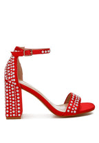 Women's red pearl embellished satin sandals for special occasions
