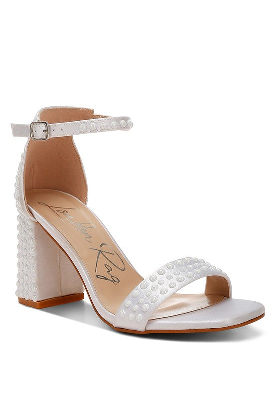 Women's pearl embellished satin sandals in white, perfect for elegant occasions