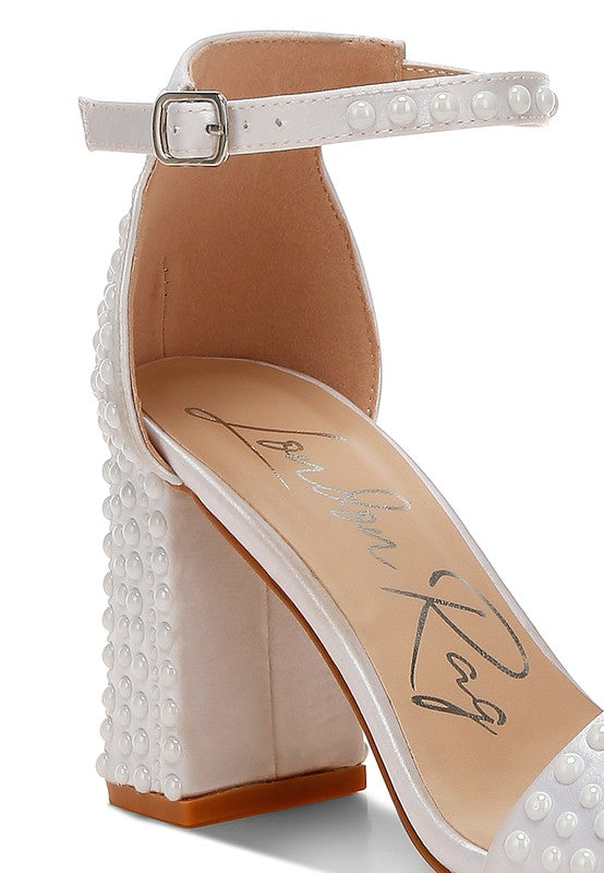 Women's pearl embellished satin sandals with block heels for elegant occasions