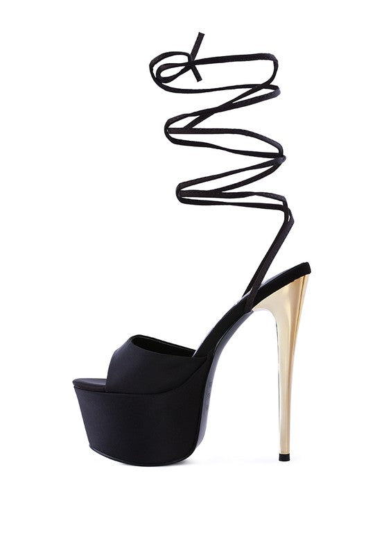 Women's black platform lace-up heel sandals for stylish outings