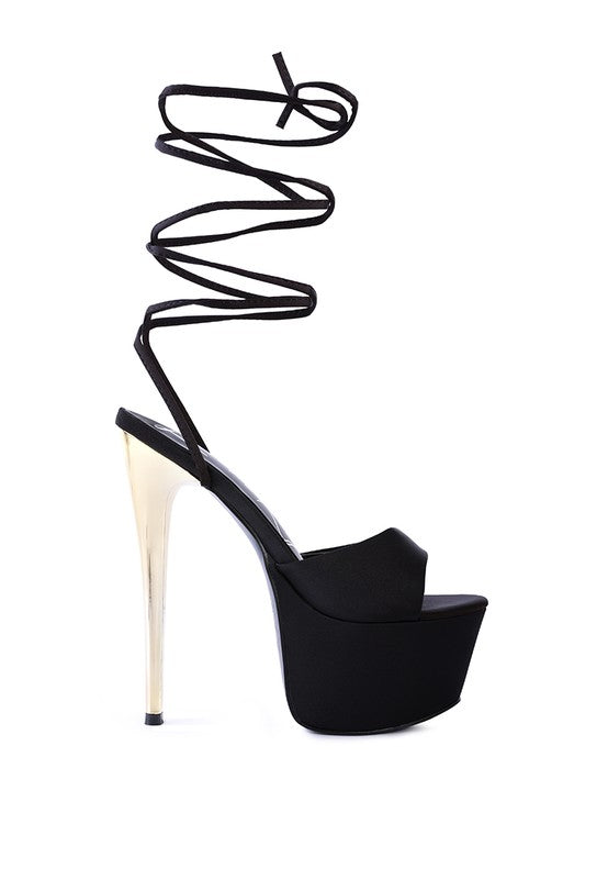 Black platform lace-up heel sandals with stylish ankle straps