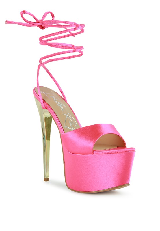Women's pink satin platform lace-up heel sandals for stylish occasions