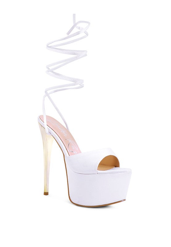 Women's white platform lace-up heel sandals for stylish occasions