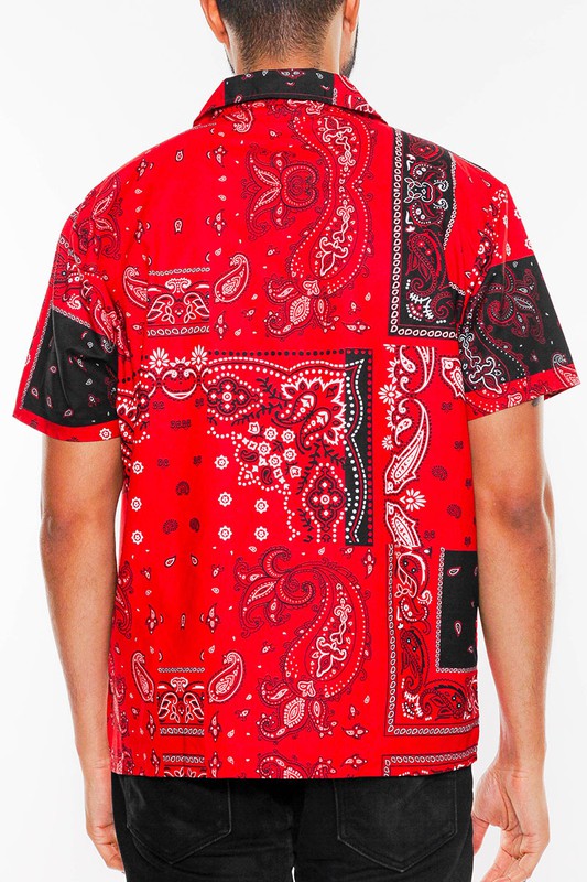 Back view of a men's red bandana print short sleeve shirt by WEIV featuring a bold patchwork design