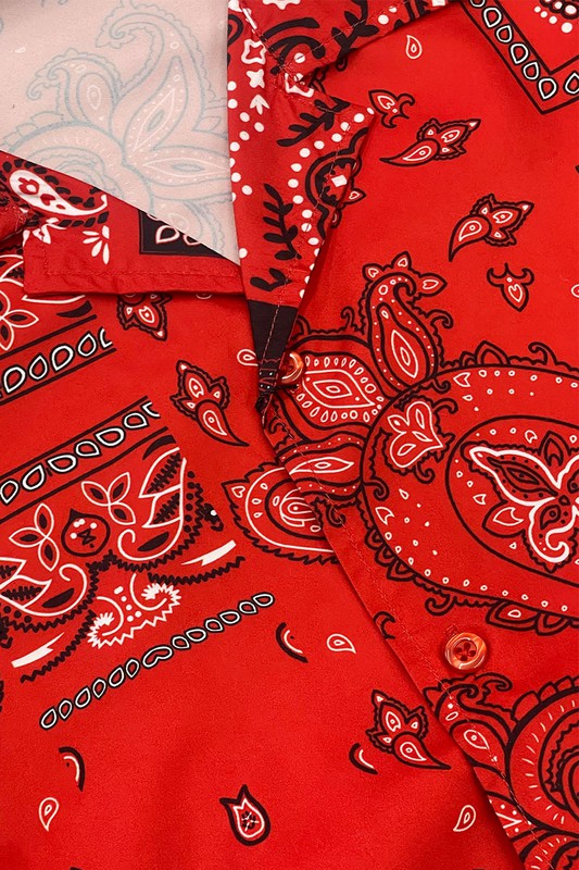 WEIV red bandana print short sleeve shirt featuring detailed paisley design and button-up front