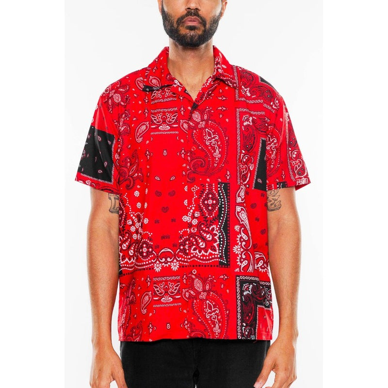 WEIV red bandana print short sleeve shirt for men with vibrant paisley pattern