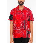 WEIV red bandana print short sleeve shirt for men with vibrant paisley pattern