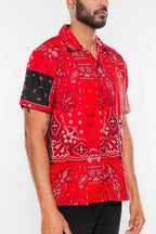 WEIV red bandana print short sleeve shirt with black detailing on sleeve for men