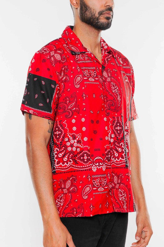WEIV red bandana print short sleeve shirt with black detailing on sleeve for men