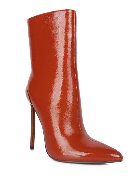 Women's orange high heel boots, sleek patent leather for stylish wear