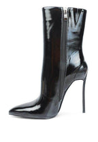 Women's black high heel boots with shiny finish for stylish outings