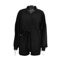 Miss Sparkling black relaxed fit button down shorts set with long sleeves and drawstring waist