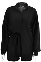 Miss Sparkling black relaxed fit button down shorts set with long sleeves and drawstring waist